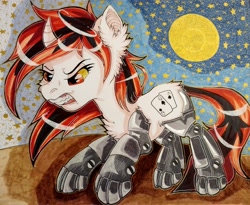 Size: 3359x2756 | Tagged: safe, artist:annuthecatgirl, oc, oc:blackjack, cyborg, pony, unicorn, fallout equestria, fallout equestria: project horizons, amputee, cybernetic legs, growling, high res, moon, night, solo, traditional art