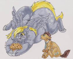 Size: 4092x3270 | Tagged: safe, artist:hornyshorttail, derpy hooves, doctor whooves, time turner, pegasus, pony, g4, aderpose, background pony, duo, fat, fat fetish, female, fetish, food, huge butt, large butt, larger female, lying down, male, mare, morbidly obese, muffin, obese, simple background, size difference, smaller male, spread wings, that pony sure does love muffins, traditional art, wide hips, wings