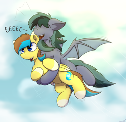 Size: 2500x2419 | Tagged: safe, artist:monycaalot, oc, oc only, oc:okopod, oc:scrimmy, bat pony, pegasus, pony, bat pony oc, bat wings, birthday gift, blue eyes, cloud, cloudy, commission, duo, duo male, eeee, eyes closed, fangs, flying, folded wings, gift art, happy, high res, holding a pony, hug, male, pegasus oc, pony oc, skree, smiling, spread wings, wings