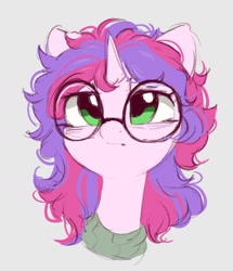 Size: 882x1027 | Tagged: safe, artist:melodylibris, oc, oc only, oc:melody (melodylibris), pony, unicorn, :i, bust, female, glasses, gray background, horn, mare, round glasses, simple background, solo, two toned mane, unicorn oc