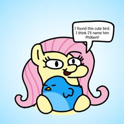 Size: 800x800 | Tagged: safe, artist:fluttershank, fluttershy, bird, pony, g4, blue background, dialogue, eyes closed, hoof hold, logo, meta, open mouth, simple background, smiling, speech bubble, squatpony, twitter, twitter logo