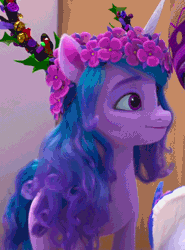 Size: 400x540 | Tagged: safe, screencap, izzy moonbow, zipp storm, pegasus, pony, unicorn, g5, my little pony: make your mark, my little pony: make your mark chapter 3, winter wishday, spoiler:g5, spoiler:winter wishday, animated, cropped, cute, female, floral head wreath, flower, gif, izzybetes, mare, offscreen character, smiling, solo focus