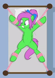 Size: 1536x2166 | Tagged: safe, artist:equestria secret guard, oc, oc only, oc:zippy sparkz, pegasus, pony, armpits, bed, belly button, bondage, featureless crotch, female, helpless, lying down, mare, on bed, pegasus oc, rope, rope bondage, sexy, show accurate, simple background, solo, spread eagle, spread legs, tied to bed, tied up