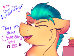 Size: 3930x2965 | Tagged: safe, artist:legionsunite, hitch trailblazer, sprout cloverleaf, earth pony, pony, g5, eyes closed, headphones, high res, imagine dragons, it's time, lyrics, male, question mark, simple background, singing, solo focus, song reference, stallion, text, white background