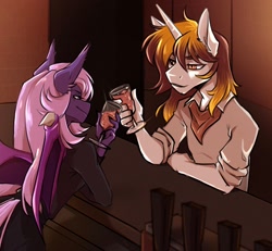 Size: 1590x1472 | Tagged: safe, artist:pixxpal, oc, oc only, oc:lilac night, bat pony, unicorn, anthro, bar, barista, cheers, clothes, cute, drink, duo, female, glass, looking at each other, looking at someone, male, oc x oc, romantic, shipping, smiling, straight, table
