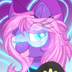 Size: 2000x2000 | Tagged: safe, artist:lbrcloud, oc, oc only, oc:lillybit, pony, ;p, adorkable, bow, commission, cute, dork, gaming headset, glitch techs, headphones, headset, high res, icon, one eye closed, ribbon, solo, tongue out, visor
