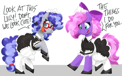 Size: 5600x3500 | Tagged: safe, artist:flutterthrash, oc, oc only, oc:cinnabyte, oc:lillybit, bow, clothes, commission, cute, dork, duo, glasses, maid, ribbon, simple background, white background