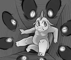 Size: 1259x1068 | Tagged: safe, artist:smirk, spike, oc, oc:boogeymare, dragon, g4, black sclera, claustrophobia, fear, grayscale, monochrome, nightmare fuel, scared, solo