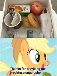 Size: 1500x1999 | Tagged: safe, screencap, applejack, earth pony, pony, g4, apple, arabic, coffee, donut, female, food, happy, juice, mare, muffin, qatar, sandwich, water bottle