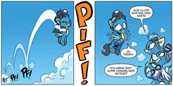 Size: 1334x663 | Tagged: safe, artist:jay fosgitt, idw, fleetfoot, high winds, misty fly, soarin', pegasus, pony, g4, spoiler:comic, spoiler:comicannual2017, spoiler:guardians of harmony, clothes, cloud busting, dialogue, female, goggles, goggles on head, male, mare, onomatopoeia, solo focus, speech bubble, stallion, uniform, wonderbolts uniform