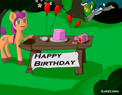 Size: 3423x2662 | Tagged: safe, artist:ilikeluna, sunny starscout, oc, duck pony, earth pony, hybrid, pony, g5, balloon, birthday gift, cake, flower, food, high res, knife, plate, pony hybrid, present, table