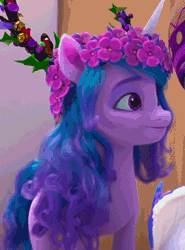 Size: 400x540 | Tagged: safe, edit, edited screencap, screencap, izzy moonbow, zipp storm, pegasus, pony, unicorn, g5, my little pony: make your mark, my little pony: make your mark chapter 3, winter wishday, spoiler:g5, spoiler:winter wishday, animated, bronybait, cropped, cute, female, floral head wreath, flower, gif, i watch it for the ears, izzybetes, mare, offscreen character, smiling, solo focus