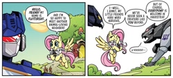 Size: 1334x605 | Tagged: safe, artist:jack lawrence, idw, fluttershy, chipmunk, pegasus, pony, rabbit, g4, spoiler:comic, spoiler:friendship in disguise, spoiler:friendship in disguise03, animal, crossover, decepticon, dialogue, duo focus, female, friendship in disguise, laserbeak, male, mare, ravage, soundwave, transformers