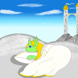 Size: 2000x2000 | Tagged: safe, artist:saint boniface, oc, oc only, oc:white rosa, changeling, clothes, female, high res, mare, pillow, robe, robes, sleeping, solo, tower