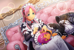 Size: 940x627 | Tagged: safe, edit, fluttershy, scootaloo, human, equestria girls, g4, anime color edit, clothes, couch, duo, duo female, ear cleaning, eyebrows, eyebrows visible through hair, eyes closed, female, fluttermaid, head on lap, humanized, maid, mimikaki, pony coloring, sitting, smiling
