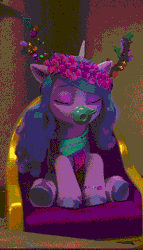 Size: 376x659 | Tagged: safe, screencap, izzy moonbow, pony, unicorn, g5, my little pony: make your mark, my little pony: make your mark chapter 3, winter wishday, spoiler:g5, spoiler:winter wishday, animated, cropped, cup, cute, female, floral head wreath, flower, i watch it for the ears, izzybetes, sleeping, solo, teacup, wake up