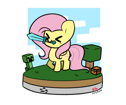 Size: 4433x3711 | Tagged: safe, artist:kittyrosie, fluttershy, pegasus, pony, ><, chest, creeper, cute, diamond sword, eyes closed, female, mare, minecraft, mouth hold, shyabetes, simple background, solo, sword, tree, weapon, white background