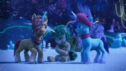 Size: 1920x1080 | Tagged: safe, screencap, dapple, jasper, onyx, pony, unicorn, g5, my little pony: make your mark, my little pony: make your mark chapter 3, winter wishday, spoiler:g5, spoiler:winter wishday, animated, beret, chattering teeth, clothes, female, glowing, glowing horn, hat, horn, male, mare, scarf, shivering, sound, stallion, webm