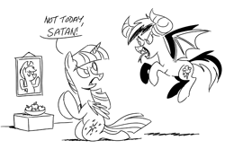 Size: 1071x713 | Tagged: safe, artist:mellodillo, applejack, rainbow dash, twilight sparkle, alicorn, demon, demon pony, earth pony, pegasus, pony, g4, apple, black and white, dialogue, duo, fangs, female, food, forked tongue, grayscale, kneeling, mare, monochrome, not today satan, praying, simple background, tongue out, twilight sparkle (alicorn), white background, worship