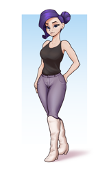 Size: 2257x3553 | Tagged: safe, artist:aquaticvibes, rarity, human, g4, bare shoulders, boots, clothes, denim, female, high heel boots, high res, humanized, jeans, pants, passepartout, shirt, shoes, sleeveless, solo, tank top