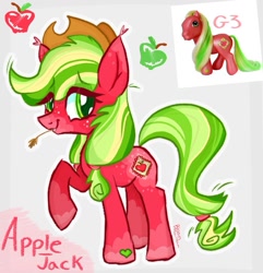 Size: 1033x1071 | Tagged: safe, artist:bloommoonbeam, applejack, applejack (g3), earth pony, pony, g3, g4, apple, applejack's hat, cowboy hat, food, freckles, g3 to g4, generation leap, green eyes, green mane, green tail, hat, red coat, redesign, tail, twitter link, yellow mane, yellow tail