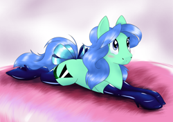 Size: 4096x2876 | Tagged: safe, artist:naivintage, oc, oc:spearmint, earth pony, pony, bed, blushing, boots, bow, centaurworld, clothes, cosplay, costume, crossdressing, cute, latex, latex socks, lying down, shoes, socks, solo, tail, tail bow