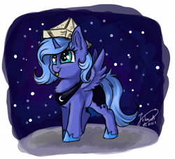 Size: 1920x1746 | Tagged: safe, artist:julunis14, princess luna, alicorn, pony, moonstuck, g4, :p, cartographer's cap, female, filly, hat, solo, tongue out, woona, younger