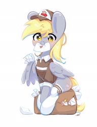 Size: 1568x2048 | Tagged: safe, alternate version, artist:bubbletea, derpy hooves, pegasus, pony, g4, bag, blushing, cap, clothes, cute, derpabetes, female, hat, heart, heart eyes, letter, looking at you, mailmare, mare, mouth hold, simple background, sitting, socks, solo, white background, wing hold, wingding eyes, wings