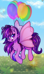 Size: 3000x4996 | Tagged: safe, artist:stesha, oc, oc only, oc:emilia starsong, breezie, pegasus, pony, ball, balloon, breeziefied, butterfly wings, catchlights, chest fluff, cloud, commission, cute, ear fluff, female, floating, flying, full body, grass, grass field, happy, heart, heart eyes, looking at you, mare, open mouth, open smile, pegasus oc, purple eyes, purple mane, purple tail, sky, sky background, smiling, solo, sparkles, species swap, tail, that pony sure does love balloons, then watch her balloons lift her up to the sky, wingding eyes, wings