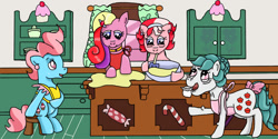 Size: 1263x633 | Tagged: safe, artist:kartaltheartist, cup cake, cupcake (g1), cupcake (g2), cupcake (g4), earth pony, pony, g1, g2, g4, 2017, apron, aunt and niece, baking, bow, bowl, cabinet, clothes, cousins, ear piercing, earring, elderly, female, g1 to g4, g2 to g4, generation leap, hairclip, implied pound cake, implied pumpkin cake, jewelry, mare, mixing bowl, mother and child, mother and daughter, piercing, pregnant, siblings, sisters, sugarcube corner, tail, tail bow
