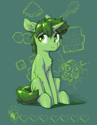 Size: 744x956 | Tagged: safe, artist:blue ink, oc, oc only, oc:nihaicreeper, pony, unicorn, chest fluff, creeper, ear fluff, explosives, green background, green coat, green eyes, green mane, health bars, horn, life bar, looking away, minecraft, ponified, simple background, sitting, solo, tnt, unicorn oc