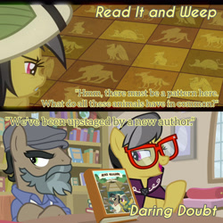 Size: 3072x3072 | Tagged: safe, edit, edited screencap, editor:itsmgh1203, screencap, daring do, doctor caballeron, earth pony, pegasus, pony, daring doubt, g4, read it and weep, season 2, season 9, book, bookshelf, crossed hooves, duo, duo male and female, female, glasses, high res, letterboxing, male, mare, open mouth, open smile, smiling, stallion, text