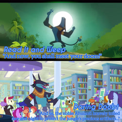 Size: 3072x3072 | Tagged: safe, edit, edited screencap, editor:itsmgh1203, screencap, ahuizotl, berry punch, berryshine, earth pony, pegasus, pony, unicorn, daring doubt, g4, read it and weep, season 2, season 9, book, bookshelf, female, glasses, high res, letterboxing, male, mare, stallion, text, unnamed character, unnamed pony