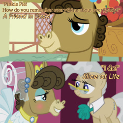 Size: 3072x3072 | Tagged: safe, edit, edited screencap, editor:itsmgh1203, screencap, matilda, mayor mare, donkey, earth pony, pony, a friend in deed, g4, season 2, season 5, slice of life (episode), clothes, crying, dress, duo, duo female, female, high res, ponyville town hall, smiling, tears of joy, text