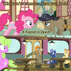 Size: 3072x3072 | Tagged: safe, edit, edited screencap, editor:itsmgh1203, screencap, cranky doodle donkey, daisy, flower wishes, golden crust, midnight snack (g4), pinkie pie, donkey, earth pony, pony, unicorn, a friend in deed, a trivial pursuit, g4, season 2, season 9, female, friendship student, high res, male, mare, open mouth, open smile, smiling, stallion, text