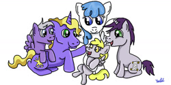 Size: 1263x633 | Tagged: safe, artist:kartaltheartist, derpy hooves, lightning bolt, ponet, silver script, white lightning, written script, pegasus, pony, unicorn, g4, 2017, boop, brother and sister, brothers, family, father and child, father and daughter, father and son, female, filly, filly derpy, headcanon, like father like daughter, like father like son, like mother like daughter, like mother like son, like parent like child, male, mare, mother and child, mother and daughter, mother and son, ship:ponetbolt, siblings, signature, simple background, stallion, white background, young, younger