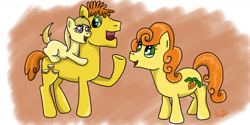 Size: 1263x633 | Tagged: safe, artist:kartaltheartist, carrot cake, carrot top, golden harvest, noi, earth pony, pony, g4, 2017, blank flank, female, filly, foal, freckles, male, mare, ponies riding ponies, riding, riding a pony, signature, stallion, trio, uncle and niece