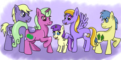 Size: 698x350 | Tagged: safe, artist:kartaltheartist, alula, apple stars, cloud kicker, goldengrape, pluto, princess erroria, sir colton vines iii, stormfeather, earth pony, pegasus, pony, unicorn, g4, 2016, blank flank, brother and sister, family, father and child, father and daughter, father and son, female, filly, foal, headcanon, like father like daughter, like father like son, like mother like daughter, like mother like son, like parent like child, male, mare, mother and child, mother and daughter, mother and son, siblings, sisters, stallion, wings