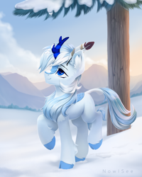 Size: 2000x2500 | Tagged: safe, artist:inowiseei, oc, oc only, oc:code quill, kirin, cloven hooves, cute, eyebrows, feather, feather in hair, high res, kirin oc, leg fluff, leonine tail, looking up, male, ocbetes, quill, raised hoof, signature, smiling, snow, solo, stallion, standing on two hooves, tail, tree, tree trunk