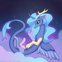 Size: 3000x3000 | Tagged: safe, artist:xjenn9, princess luna, draconequus, g4, cloud, commission, draconequified, female, high res, night, outdoors, sky background, solo, species swap, stars