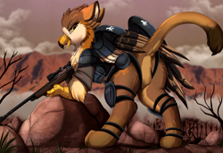 Size: 3284x2244 | Tagged: safe, artist:pridark, oc, oc only, griffon, armor, butt, clothes, commission, eared griffon, female, griffon oc, gun, high res, looking back, military uniform, open mouth, plot, presenting, rifle, rock, scenery, sniper rifle, solo, uniform, weapon