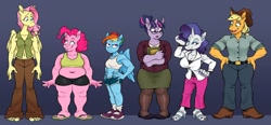 Size: 2224x1032 | Tagged: safe, artist:silverscarf, applejack, fluttershy, pinkie pie, rainbow dash, rarity, twilight sparkle, earth pony, pegasus, unicorn, anthro, plantigrade anthro, g4, barefoot, barefooting, belly button, book, boots, breasts, busty rarity, cardigan, chubby, cleavage, clothes, delicious flat chest, denim, ear fluff, ear piercing, earring, eyes on the prize, eyeshadow, fat, feet, flats, flattershy, flip-flops, glasses, hair bun, height difference, jacket, jeans, jewelry, makeup, mane six, midriff, nail polish, pants, piercing, pudgy pie, questionable source, rainbow dash is not amused, sandals, shoes, shorts, sideboob, skirt, smoldash, sports shorts, stockings, tallershy, tank top, thigh highs, toenail polish, toes, unamused, vest