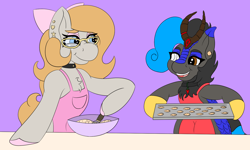 Size: 1600x957 | Tagged: safe, artist:gray star, oc, oc:gray star, oc:heccin pepperino, earth pony, kirin, pony, apron, baking, bow, clothes, cookie, female, food, freckles, glasses, hair bow, oven mitts