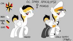 Size: 3000x1700 | Tagged: safe, artist:cdrspark, oc, oc only, oc:spark apocalypse, pegasus, pony, cap, clothes, female, hat, military uniform, reference sheet, rubber boots, short tail, solo, tail, uniform