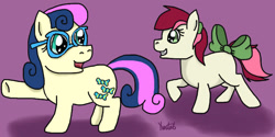 Size: 1263x633 | Tagged: safe, artist:kartaltheartist, bon bon, roseluck, sweetie drops, earth pony, pony, g4, 2016, blank flank, bow, duo, duo female, female, filly, filly bon bon, filly roseluck, filly sweetie drops, foal, glasses, purple background, shadow, siblings, signature, simple background, sisters, tail, tail bow, twisted bon bon