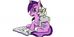 Size: 1263x633 | Tagged: safe, artist:kartaltheartist, amethyst star, dinky hooves, sparkler, pony, unicorn, g4, 2016, blank flank, book, cute, duo, duo female, female, filly, foal, gem, lying down, lying on top of someone, mare, siblings, simple background, sisters, white background