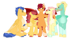 Size: 1280x640 | Tagged: safe, artist:itstechtock, flash magnus, flash sentry, fluttershy, sunny delivery, zephyr breeze, pegasus, pony, g4, brother and sister, female, half-siblings, male, mare, race swap, siblings, simple background, stallion, white background