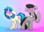 Size: 2274x1620 | Tagged: safe, artist:moonatik, dj pon-3, octavia melody, vinyl scratch, earth pony, pony, unicorn, g4, abstract background, bowtie, duo, duo female, emanata, female, hypnogear, hypnogoggles, hypnosis, looking pleasured, mare, octavia's bowtie, pleasure, relaxed, sexy, struggling, stupid sexy octavia, stupid sexy vinyl