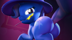 Size: 1280x720 | Tagged: safe, artist:extrachunkthis, trixie, pony, unicorn, g4, 3d, butt, eyelashes, featureless crotch, female, hat, large butt, looking at you, looking back, looking back at you, magic wand, plot, rear view, solo, source filmmaker, the great and powerful ass