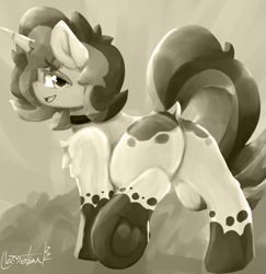 Size: 889x915 | Tagged: safe, artist:llametsul, oc, oc only, oc:creme cookie, pony, unicorn, butt, chest fluff, female, frog (hoof), hoofbutt, looking at you, looking back, looking back at you, mare, monochrome, plot, raised hoof, raised tail, sketch, solo, tail, underhoof